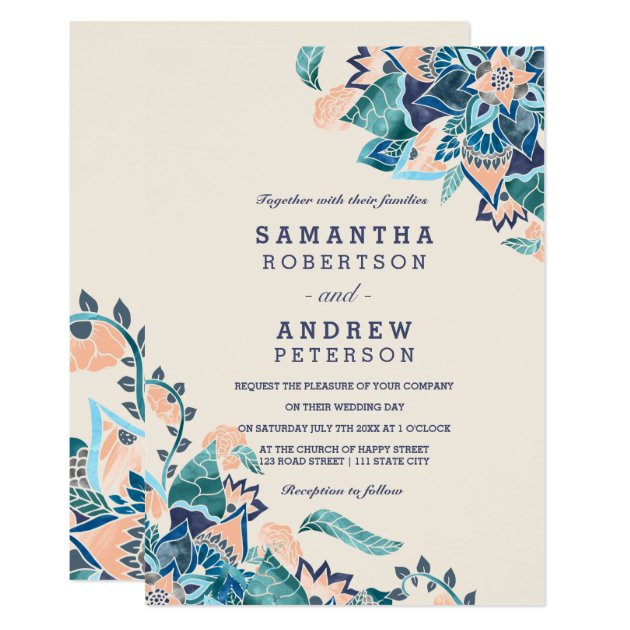 Modern Floral Coral Teal Watercolor Wedding Invitation