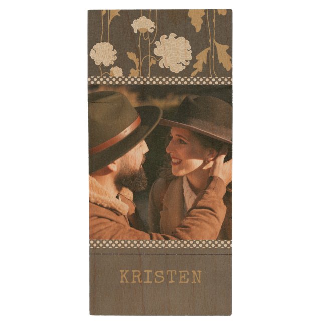 Modern Floral Country Personalized Photo Name Wood Flash Drive (Front Vertical)