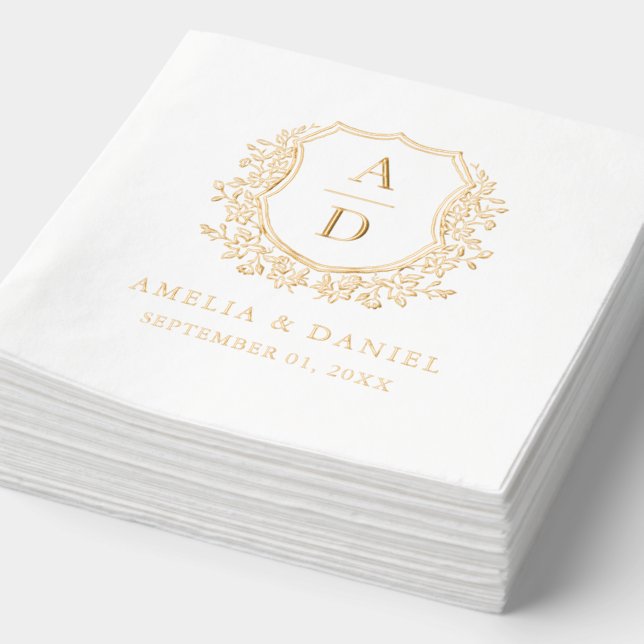 Modern Floral Crest Monogram Wedding Gold Foil Napkins (Detail)