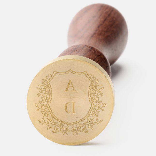 Modern Floral Crest Monogram Wedding  Wax Seal Stamp (Front)