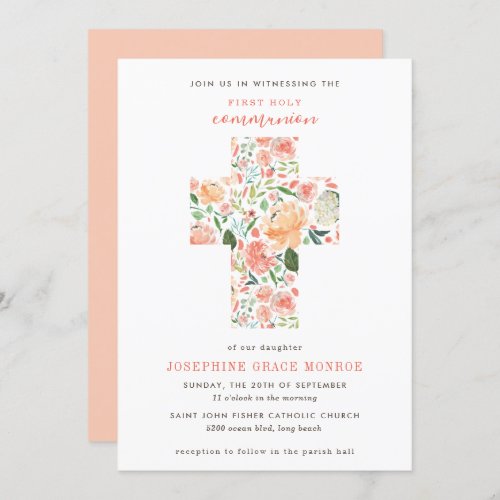 Modern Floral Cross Blush Peach First Communion Invitation
