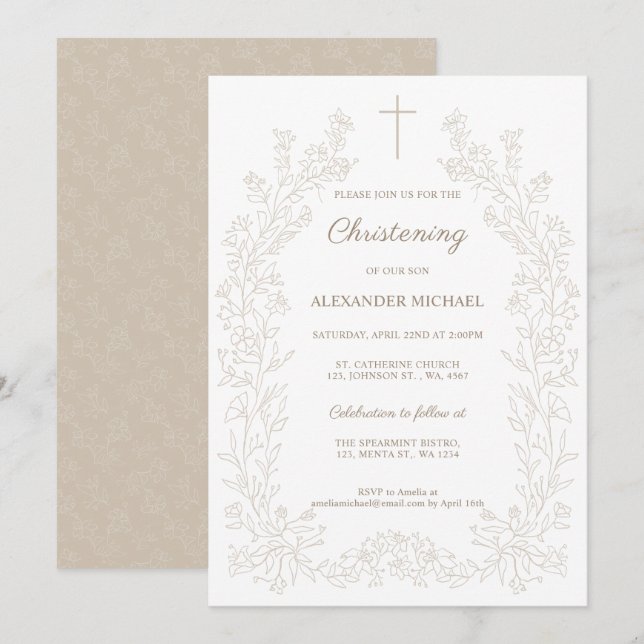 Modern Floral Cross Christening Baptism Invitation (Front/Back)
