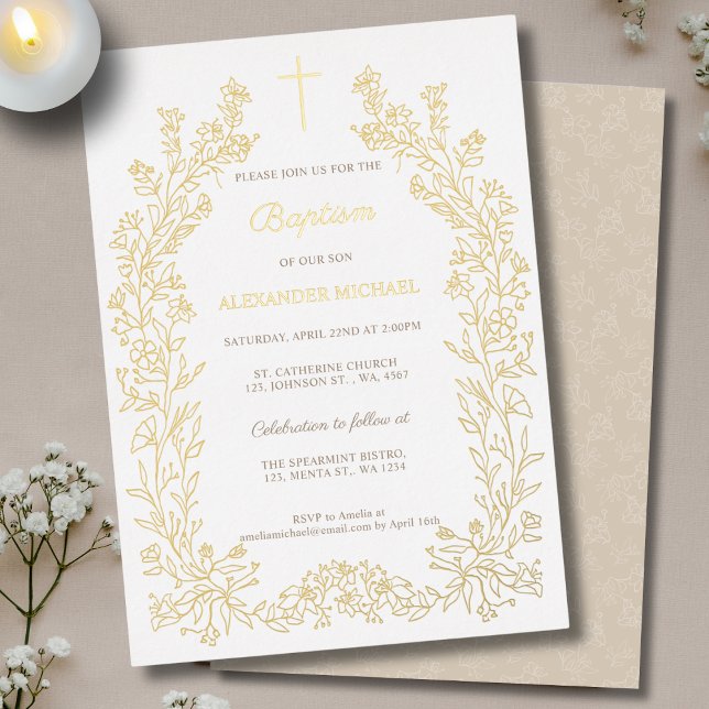 Modern Floral Cross Christian Baptism Foil Invitation (Creator Uploaded)