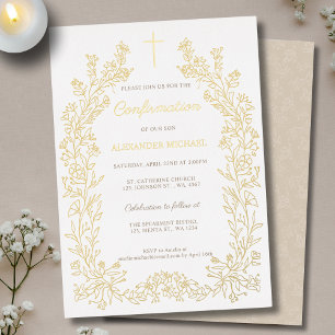 Modern Floral Cross Confirmation Foil Invitation