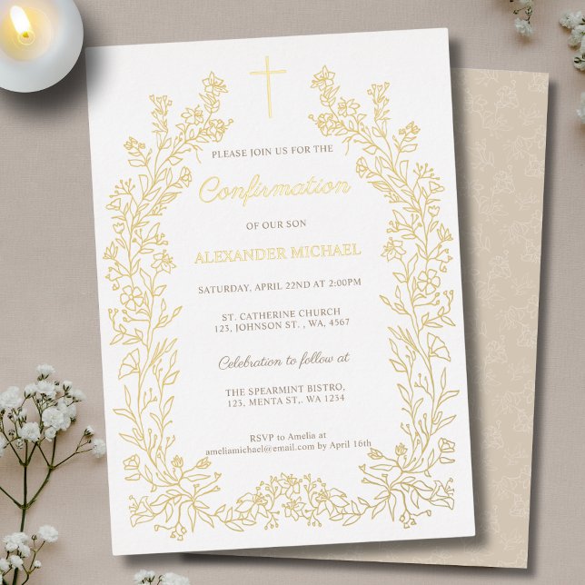Modern Floral Cross Confirmation Foil Invitation (Creator Uploaded)