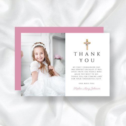 Modern Floral Cross First Communion Photo Thank You Card