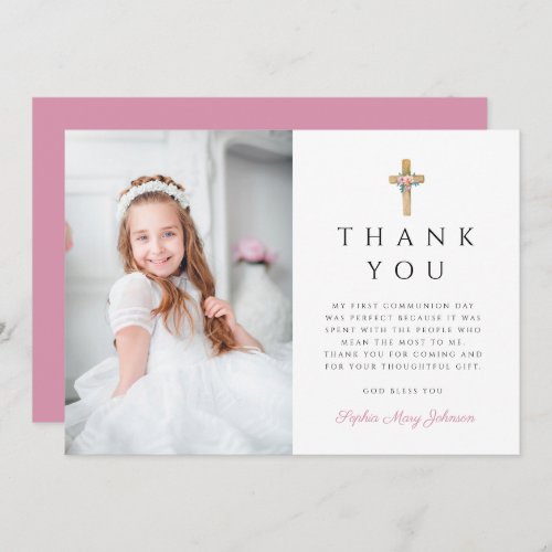 Modern Floral Cross First Communion Photo Thank You Card