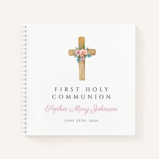Modern Floral Cross Girl First Communion Guestbook Notebook (Front)
