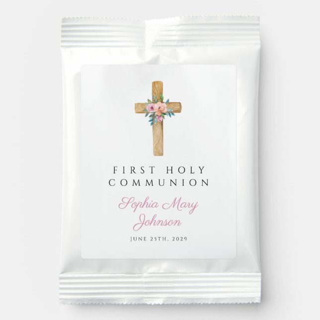 Modern Floral Cross Girl First Communion Hot Chocolate Drink Mix (Front)