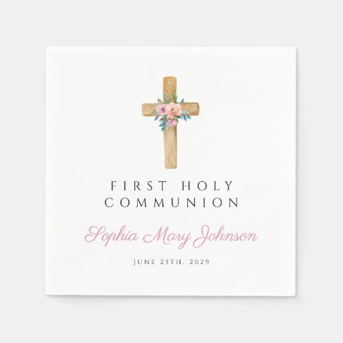 Modern Floral Cross Girl First Communion  Napkins