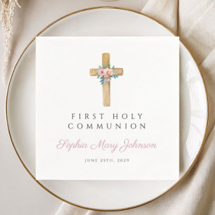 Modern Floral Cross Girl First Communion Napkins
