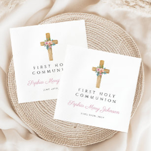 Modern Floral Cross Girl First Communion Napkins