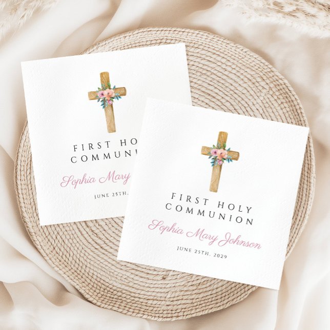 Modern Floral Cross Girl First Communion  Napkins (Modern Floral Cross Girl First Communion Napkins)