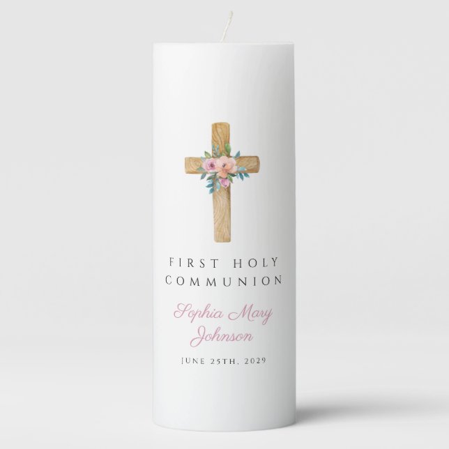Modern Floral Cross Girl First Communion  Pillar Candle (Front)