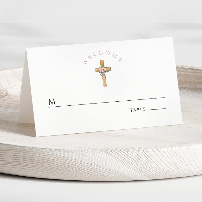 Modern Floral Cross Girl First Communion  Place Card (Front - Modern Floral Cross Girl First Communion Place Card)