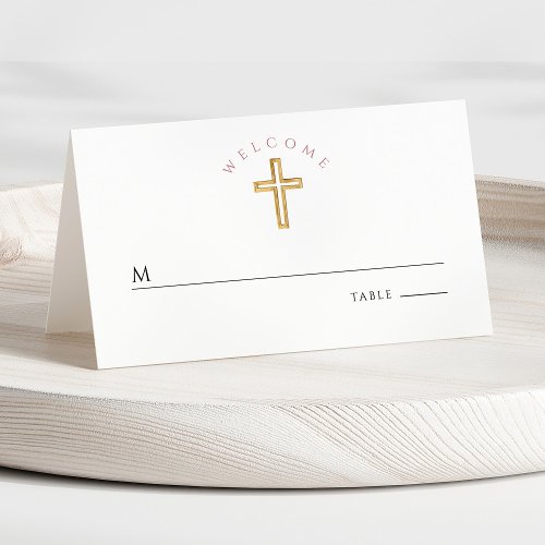 Modern Floral Cross Girl First Communion  Place Card