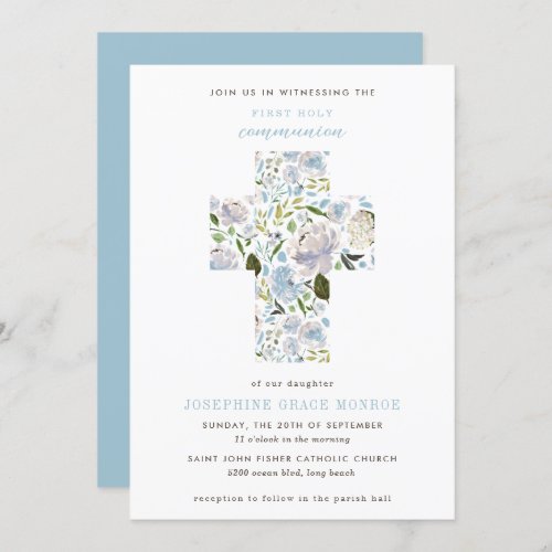 Modern Floral Cross Light Blue First Communion Invitation
