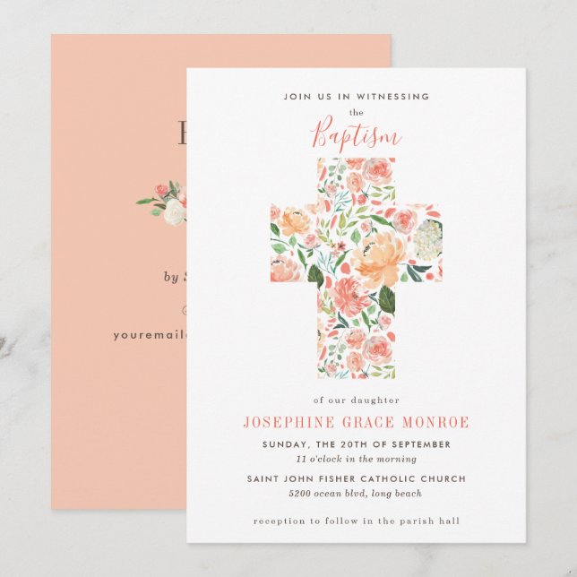 Modern Floral Cross Religious Blush Peach Baptism Invitation (Front/Back)