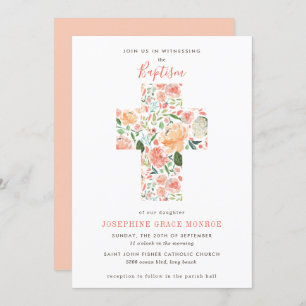 Modern Floral Cross Religious Blush Peach Baptism Invitation
