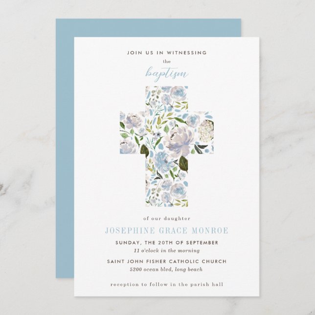 Modern Floral Cross Religious Light Blue Baptism Invitation (Front/Back)