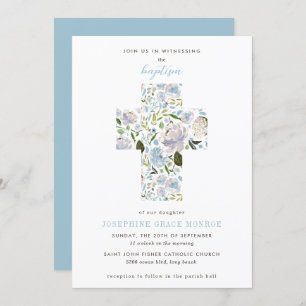 Modern Floral Cross Religious Light Blue Baptism Invitation