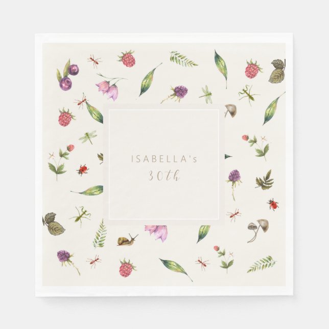 Modern Floral Custom Greenery Berries Insects Napkins (Front)