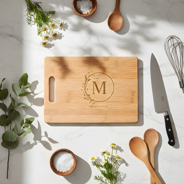 Modern Floral Custom Monogram Family Name Engraved Cutting Board (Creator Uploaded)