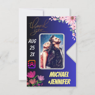 Modern Floral Custom Photo QR Code Wedding Thank You Card