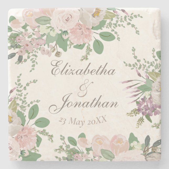 Modern floral custom wedding personalized stone coaster (Front)