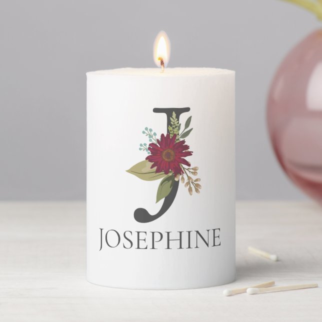 Modern Floral Customizable Monogrammed Letter J Pillar Candle (In Situ)
