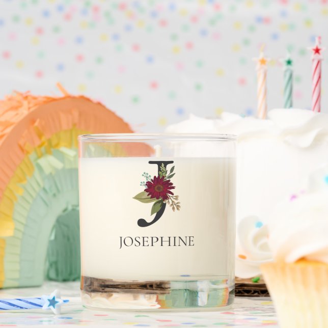Modern Floral Customizable Monogrammed Letter J Scented Candle (Birthday)