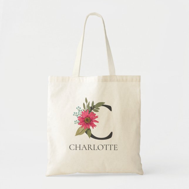 Modern Floral Customizable Monogrammed  Tote Bag (Front)