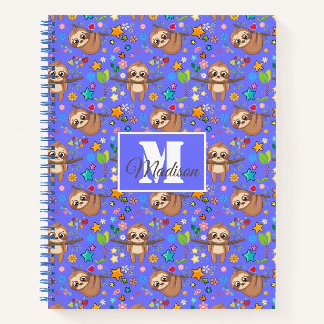 Modern Floral Cute Sloth Pattern | Customizable Notebook (Front)