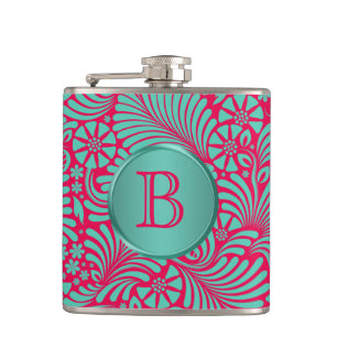 Modern Floral Damask Monogrammed Flask