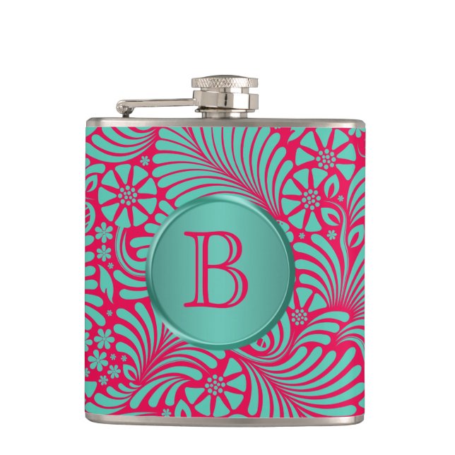 Modern Floral Damask Monogrammed Flask (Front)