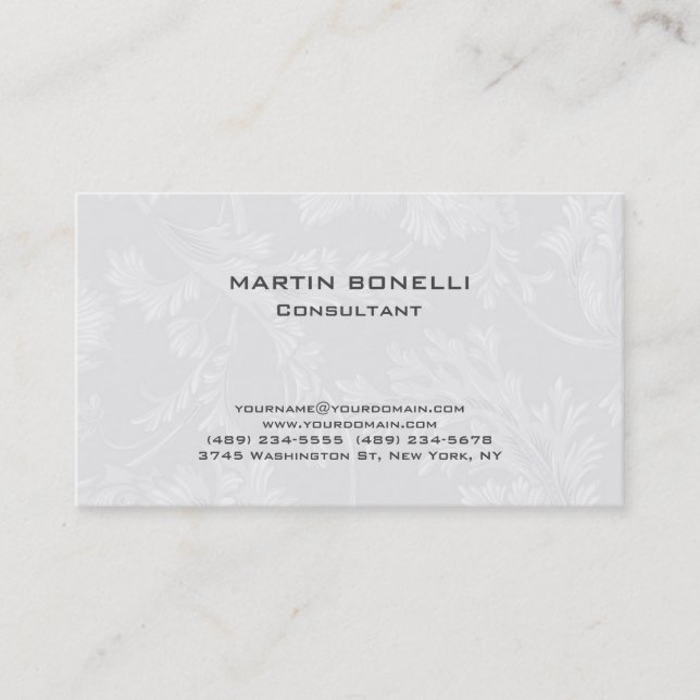 Modern Floral Damask White Grey Business Card (Front)