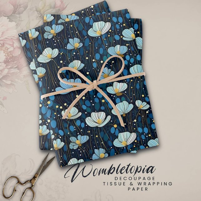 Modern Floral Dark Blue Poppy Pattern Wrapping Paper Sheets (Creator Uploaded)