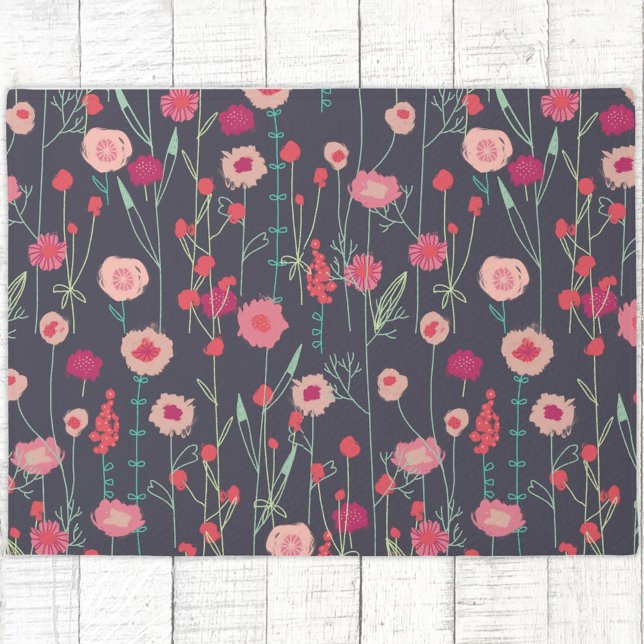 Modern Floral Dark Doormat (Plymouth Flowers dark boho pink wildflower art doormat)