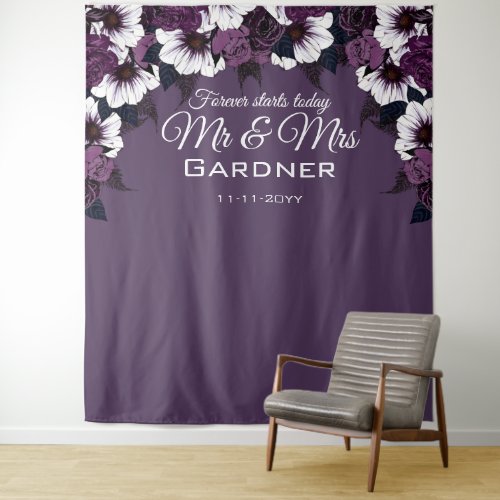 Modern Floral Dark Purple Photo Backdrop Wedding