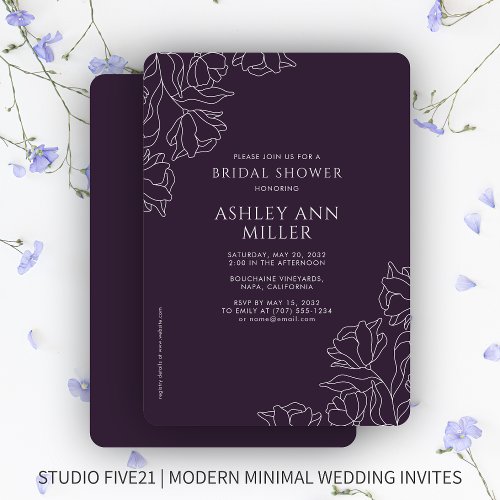 Modern Floral Dark Purple Wedding Bridal Shower Invitation