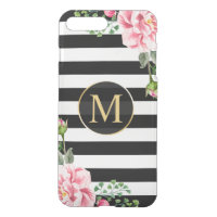 Modern Floral Decor Black White Stripes Monogram iPhone 7 Plus Case