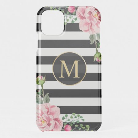 Modern Floral Decor Black White Stripes Monogram Iphone 11 Case
