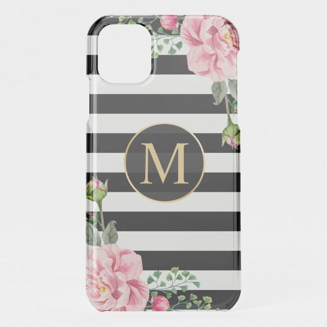 Modern Floral Decor Black White Stripes Monogram Uncommon iPhone Case (Back)