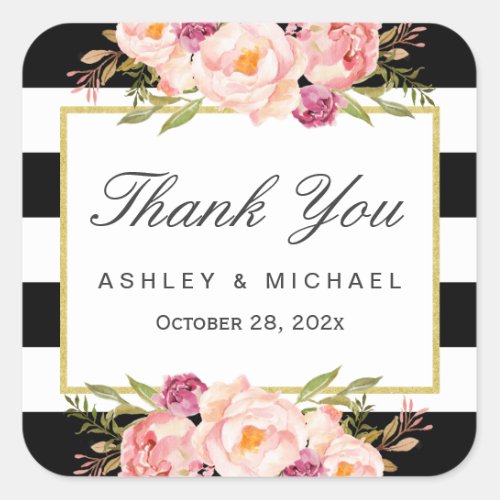 Modern Floral Decor Black White Stripes Thank You Square Sticker