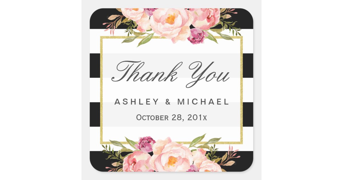 Modern Floral Decor Black White Stripes Thank You Square Sticker | Zazzle