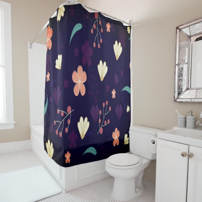 Modern Floral Design Bath Mat Shower Curtain (In Situ)