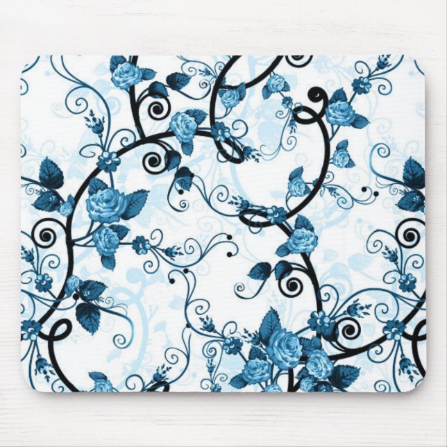 Modern Floral Design Mouse Pad - Blue/White/Black (Front)