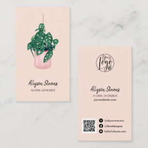 Modern floral designer monstera pink logo qr code business card