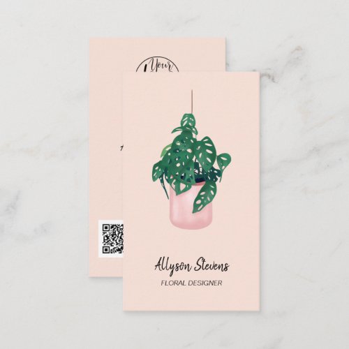 Modern floral designer monstera pink logo qr code business card