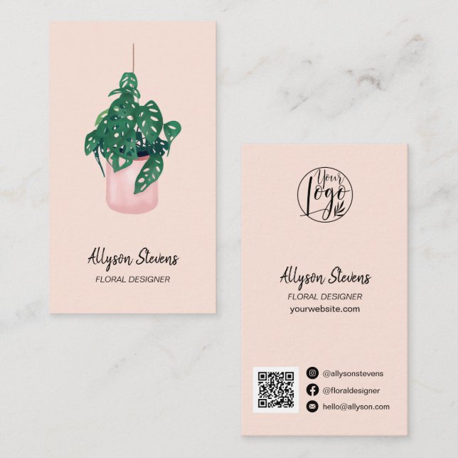 Modern floral designer monstera pink logo qr code business card (Front/Back)
